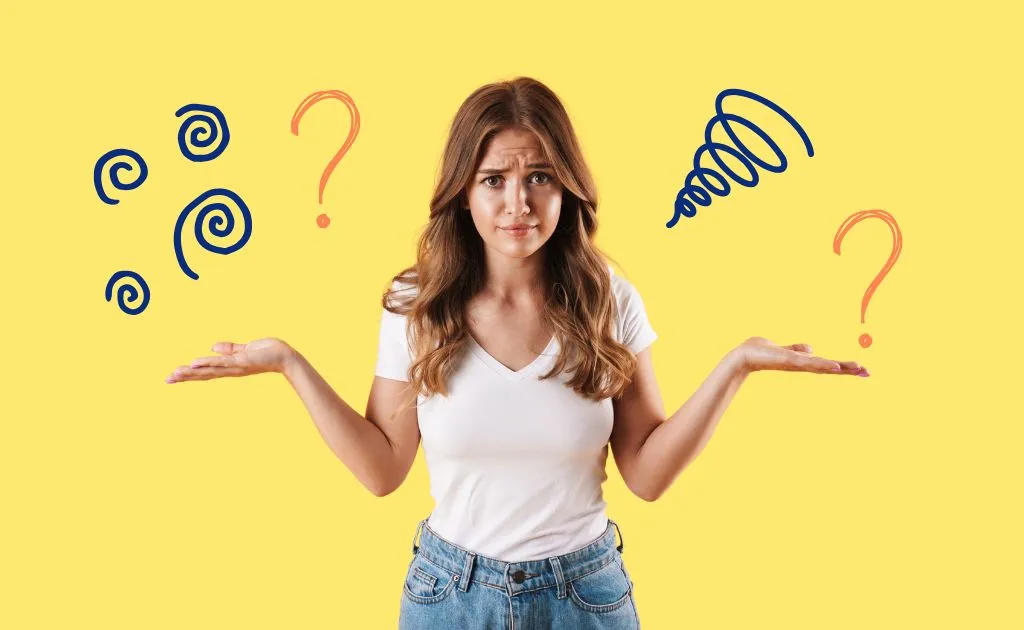 Ragazza confusa con punti interrogativi e dubbi su sfondo giallo, che rappresenta le perplessità degli utenti sulla trasparenza dei prezzi di Superprof